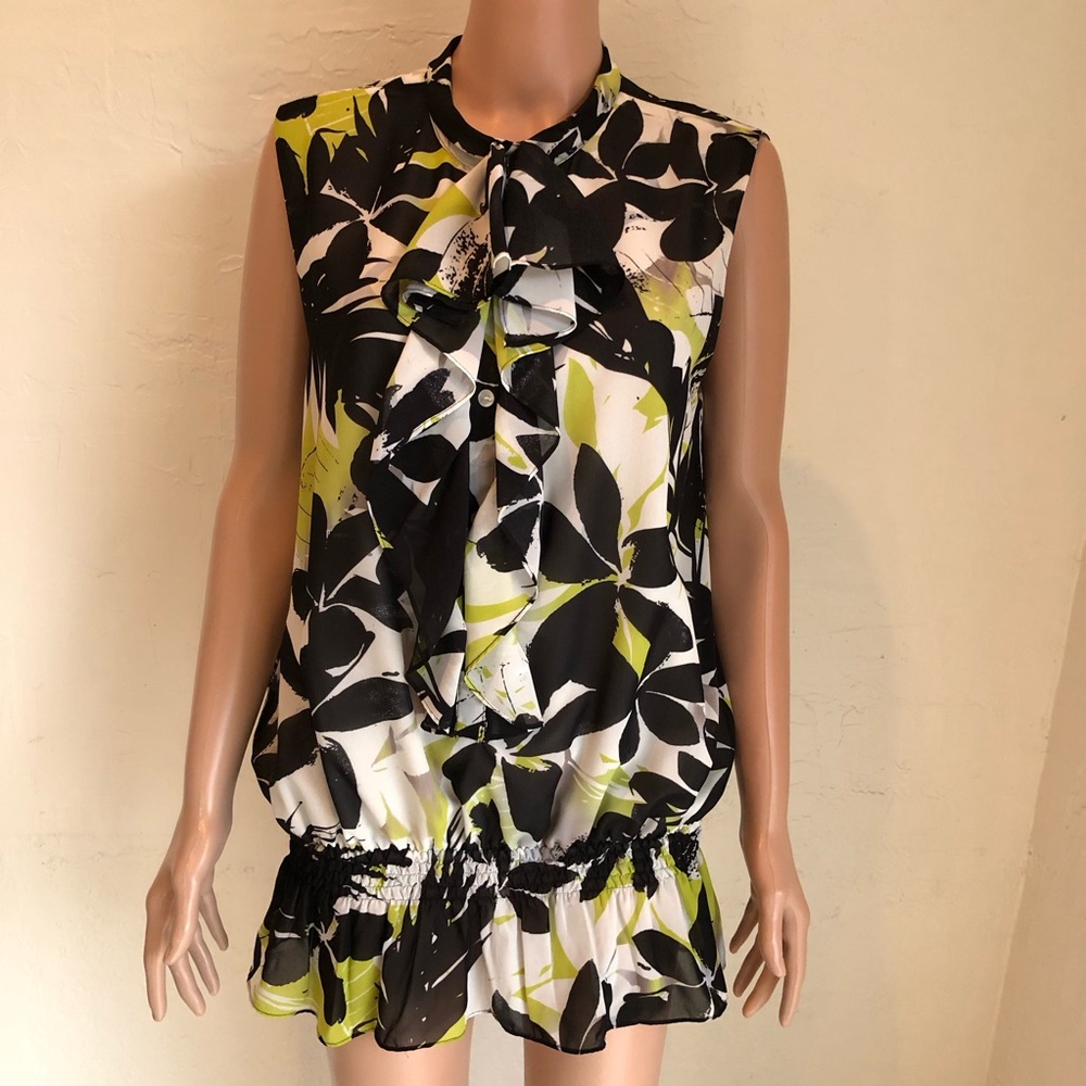 Yvos Black/Green Floral Sleeveless Blouse High-Neck Ruffled  Women’s Size 14 Top